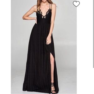 Black eyelet crisscross back maxi dress with slit